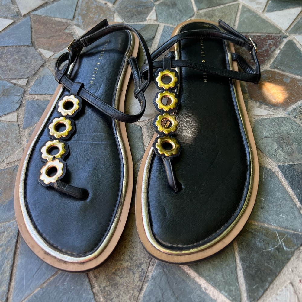 Charles & Keith 36 Black Sandals with Gold Floral Accents